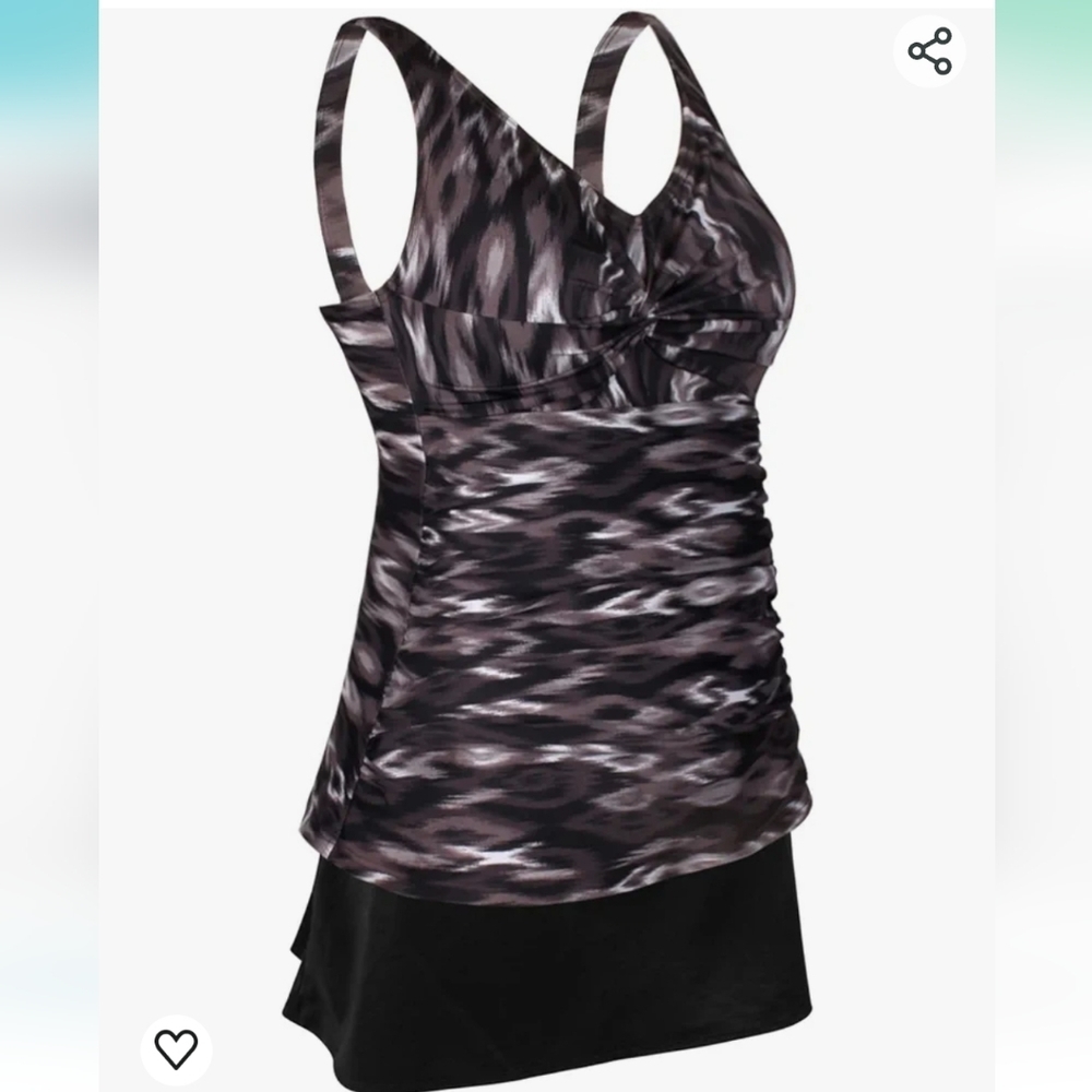 JINXUEER Ruched Black  Patterned Skirt Tankini Set Size 26W